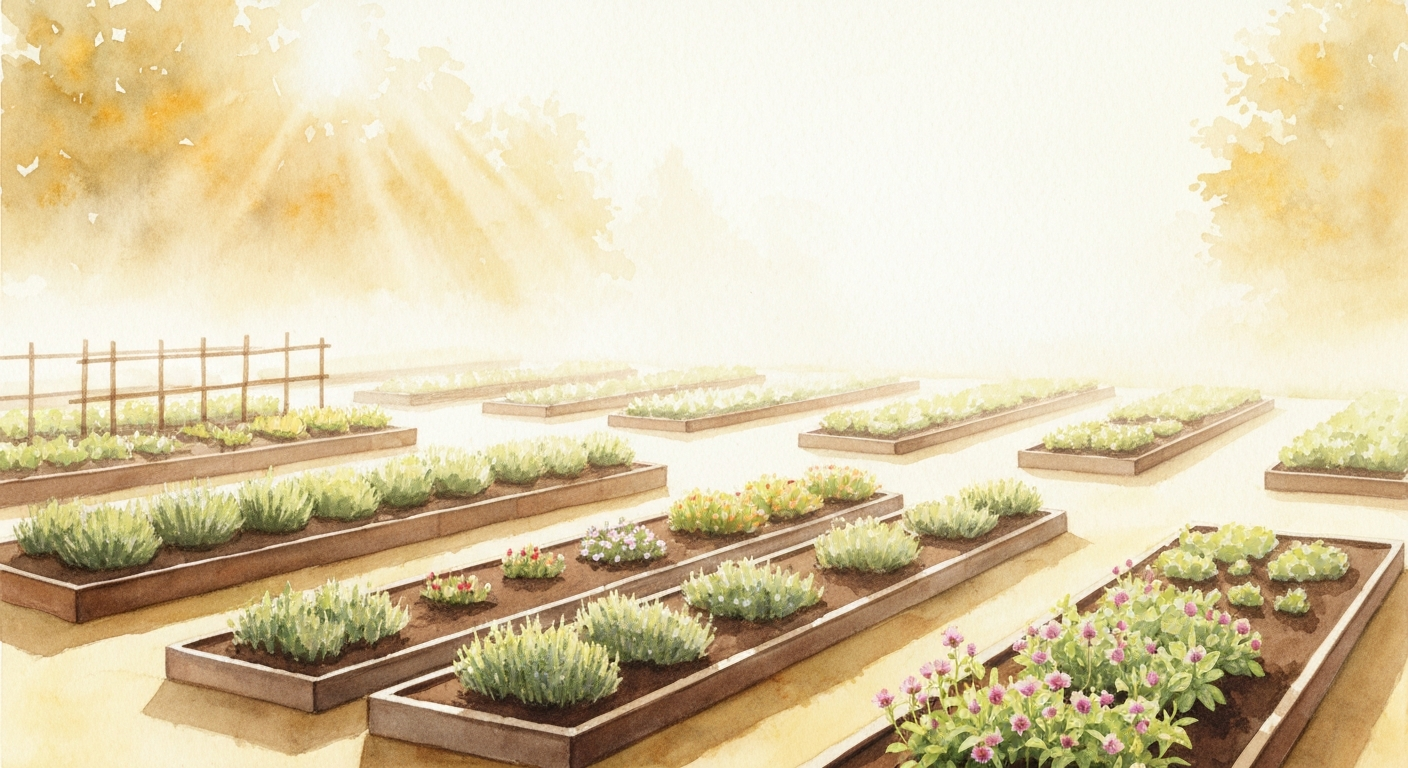 Ordered garden beds at dawn — knowledge tended with care